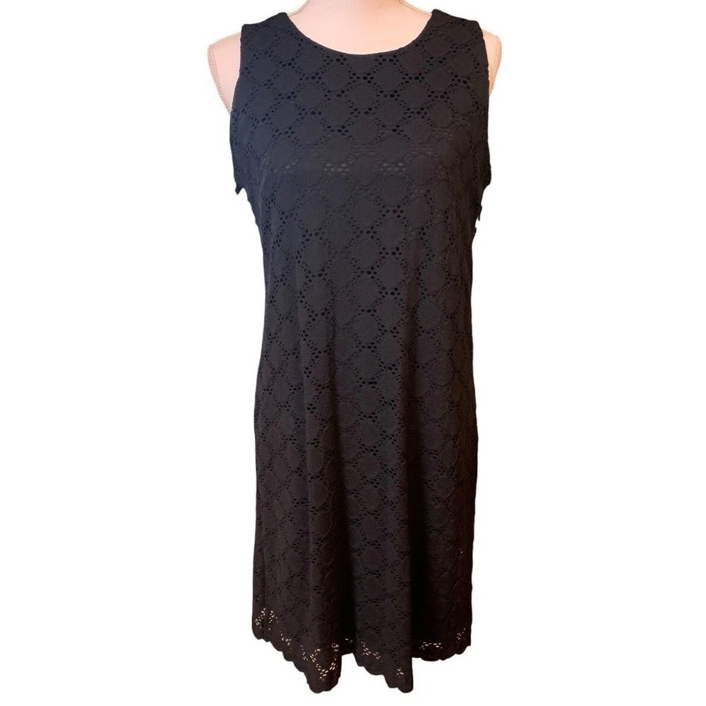 Ronni Nicole Women 6 Black Crochet Lace Shift Dress Chest Overlay Sleeveless LBD